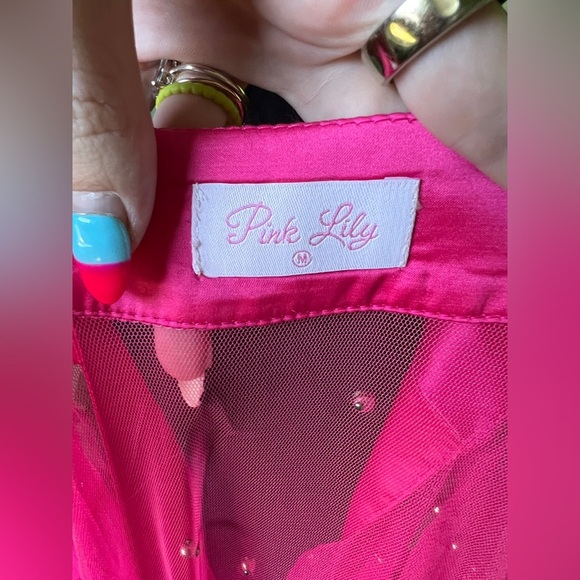 Pink Lily Womens Pink Sheer Silver Pearled Duster Open Front Jacket Medium NWOT - Picture 7 of 7